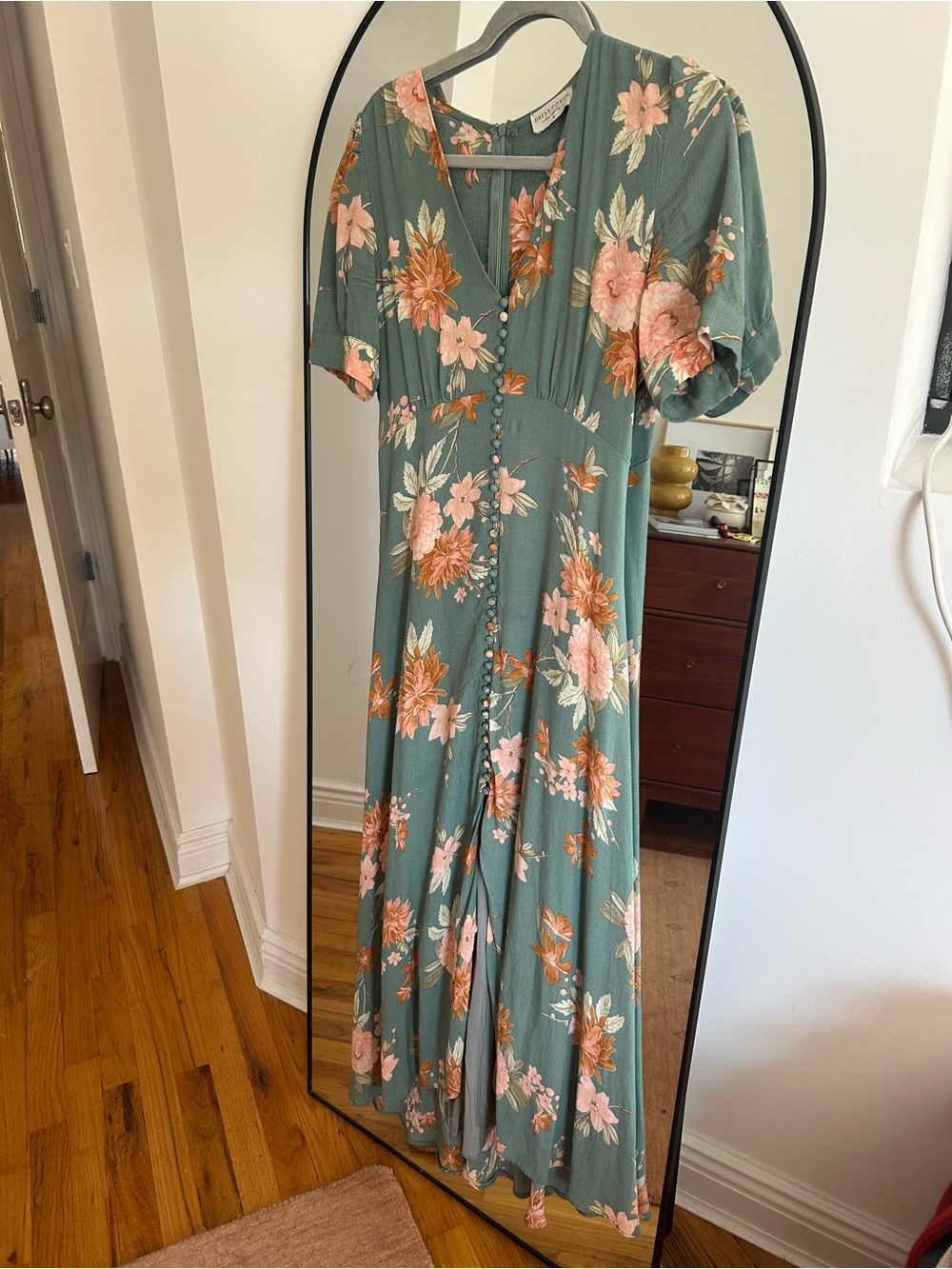 Petal & Pup Sage Green Floral Midi Dress with Pink & Tan Blooms